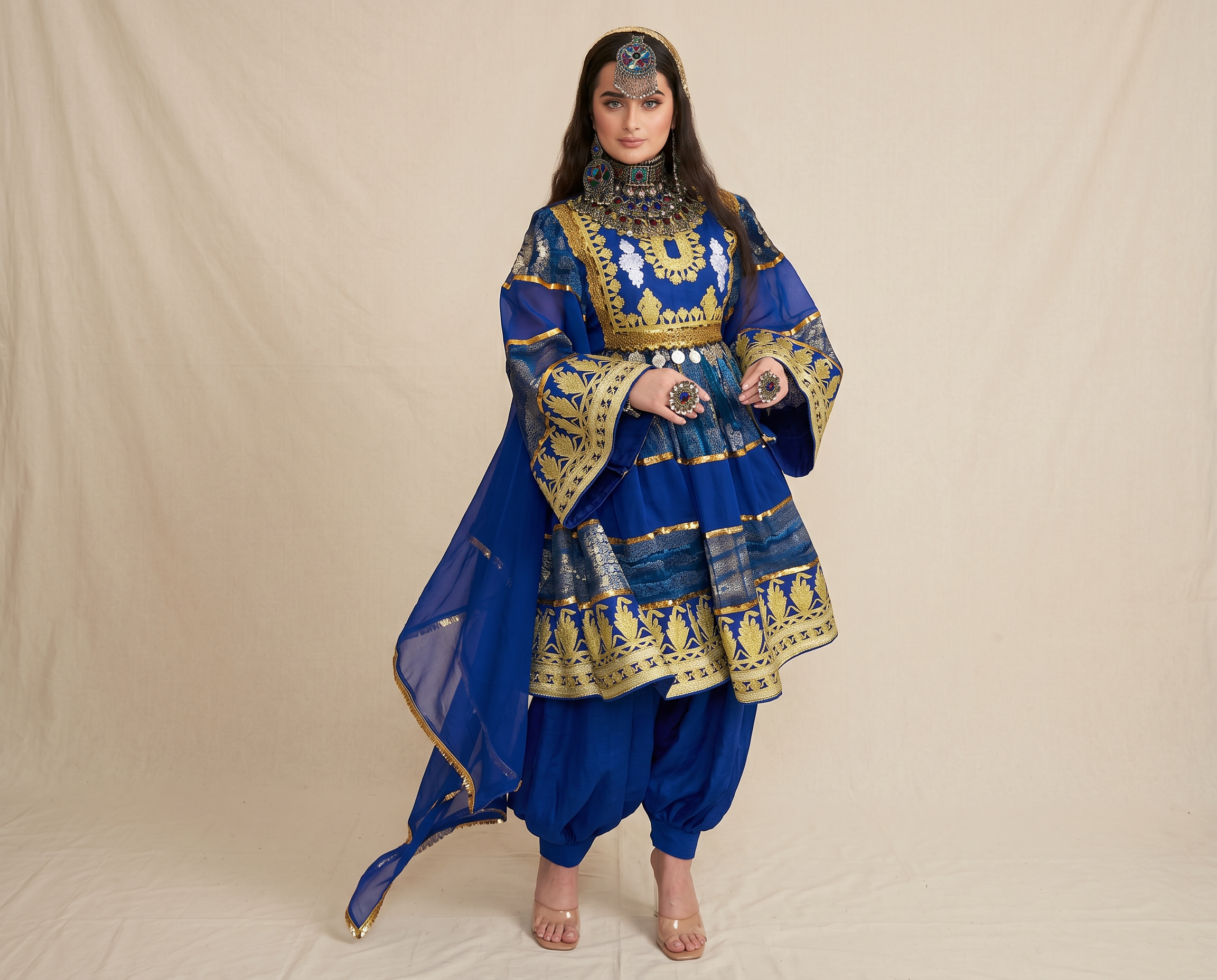 Royal blue Afghan Kuchi dress with geometric gold bodice and borders
