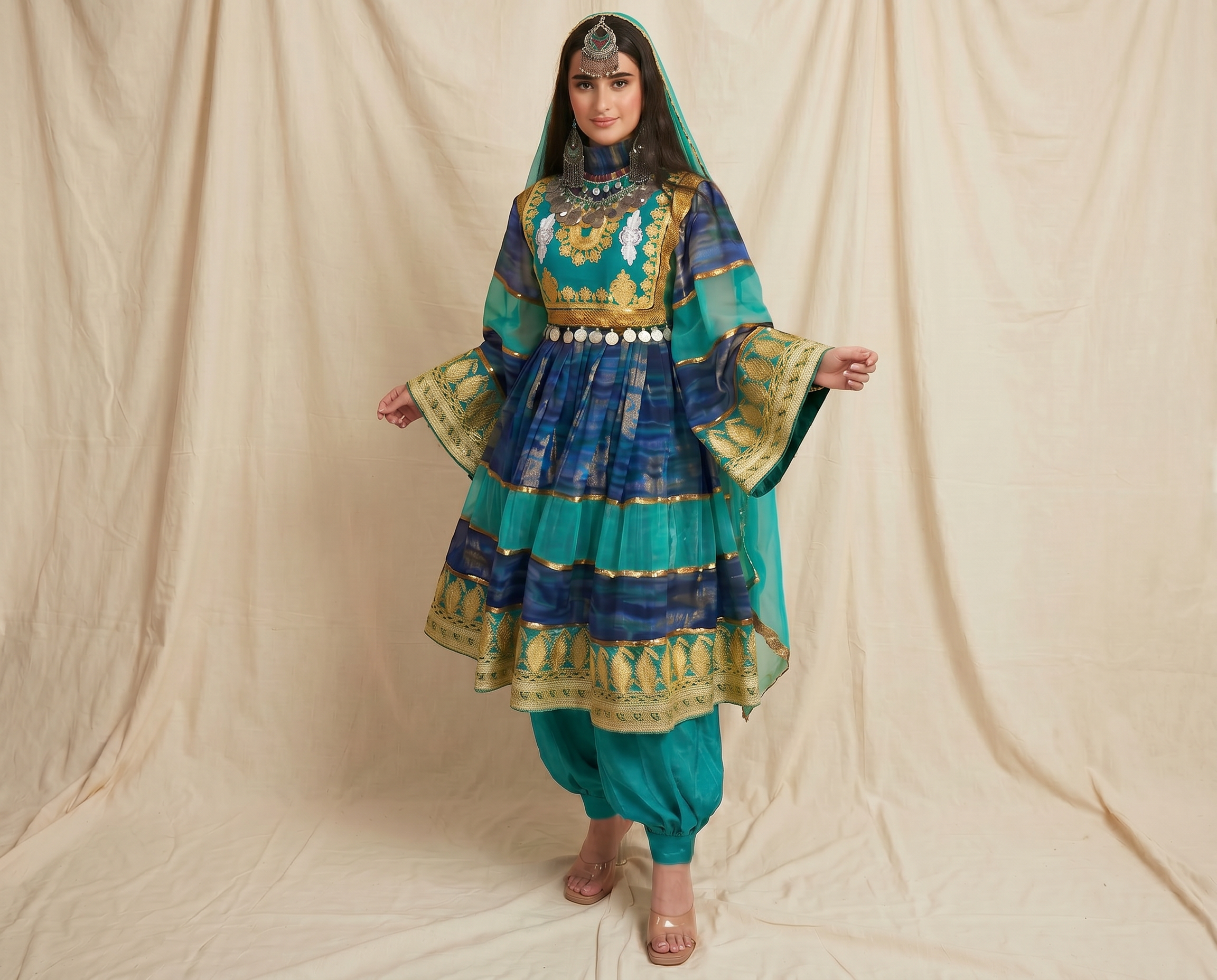 Teal blue Afghan Kuchi dress with gold borders and embroidered bodice