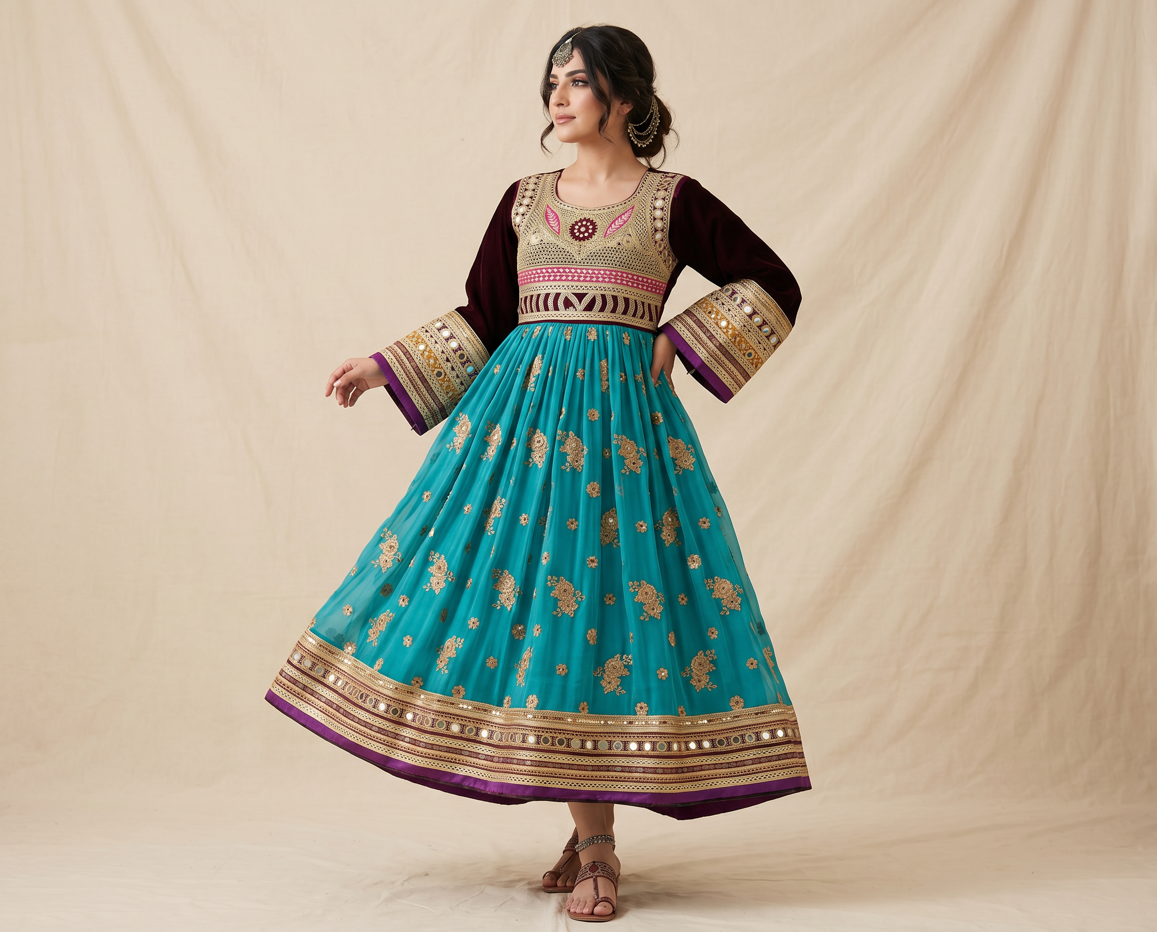 Blue Afghan evening dress with full skirt and embroidered bodice