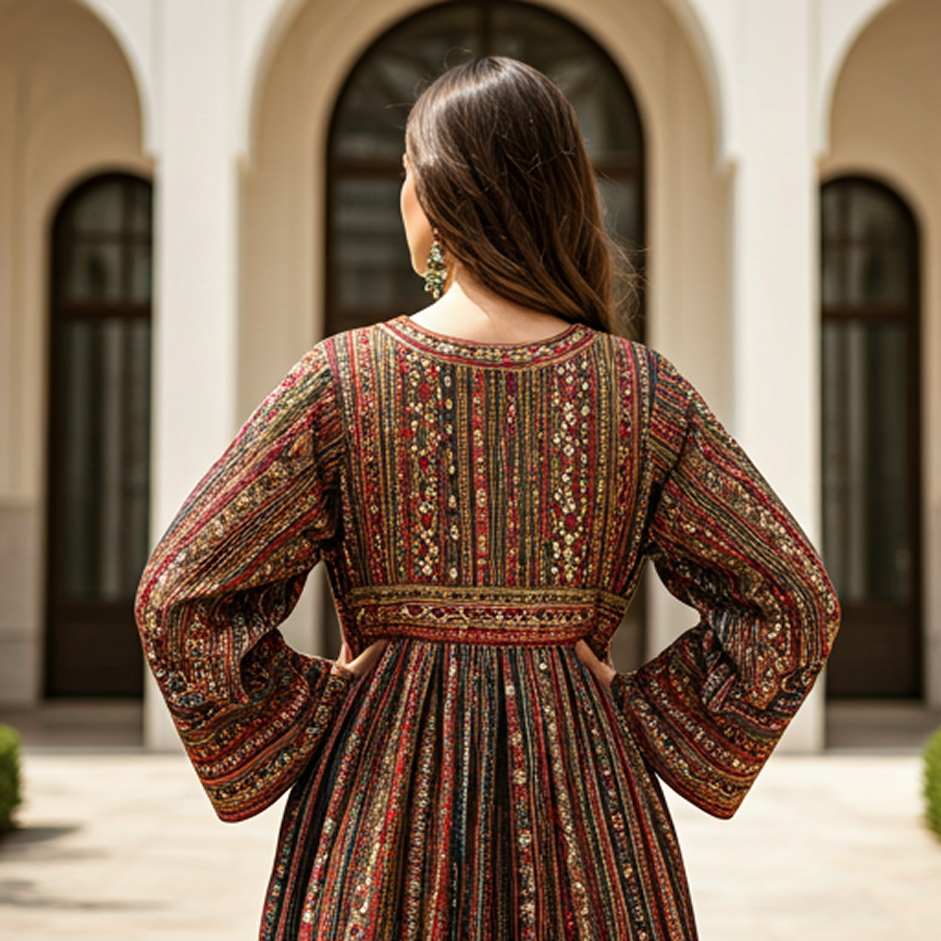 Blue Afghan dress styled in a studio portrait