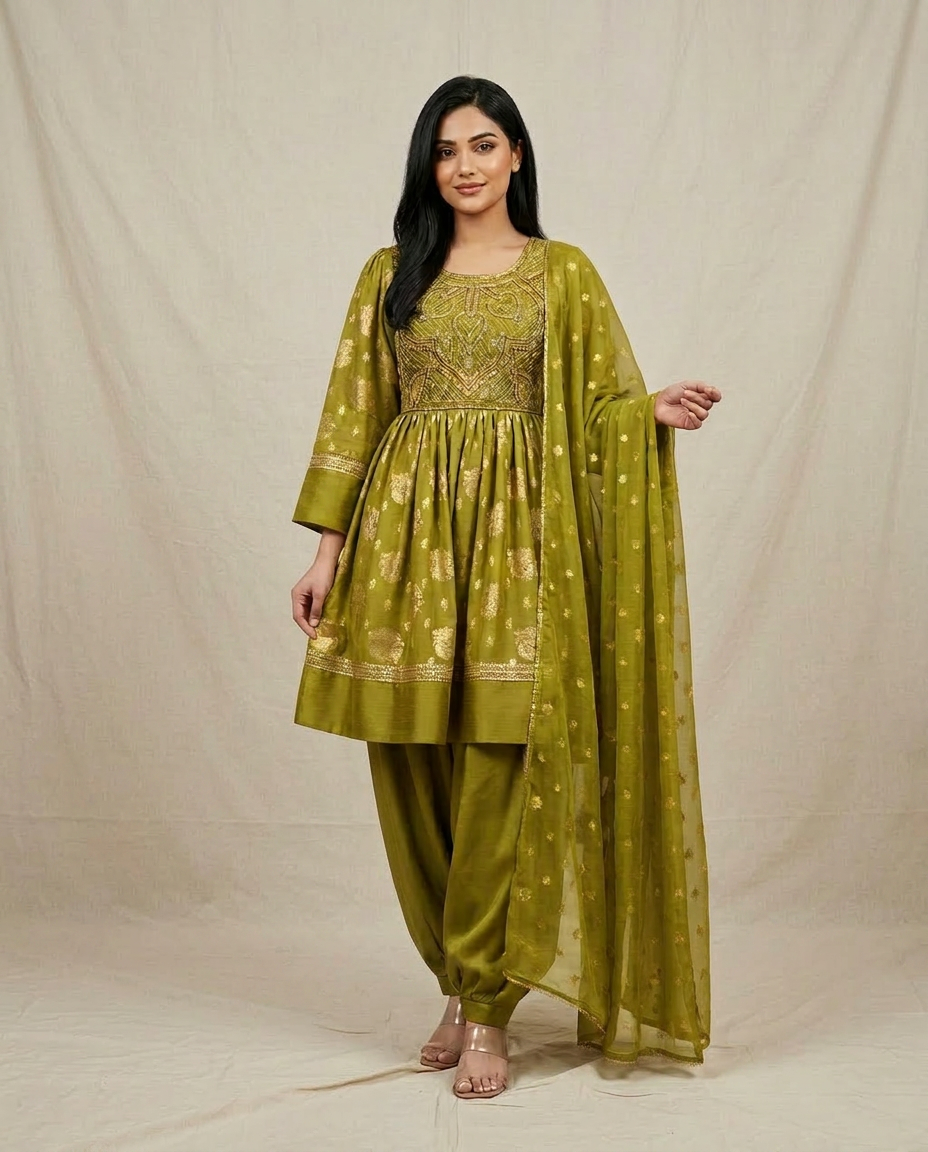 Green Afghan embroidered set with flowing dupatta and detailed bodice