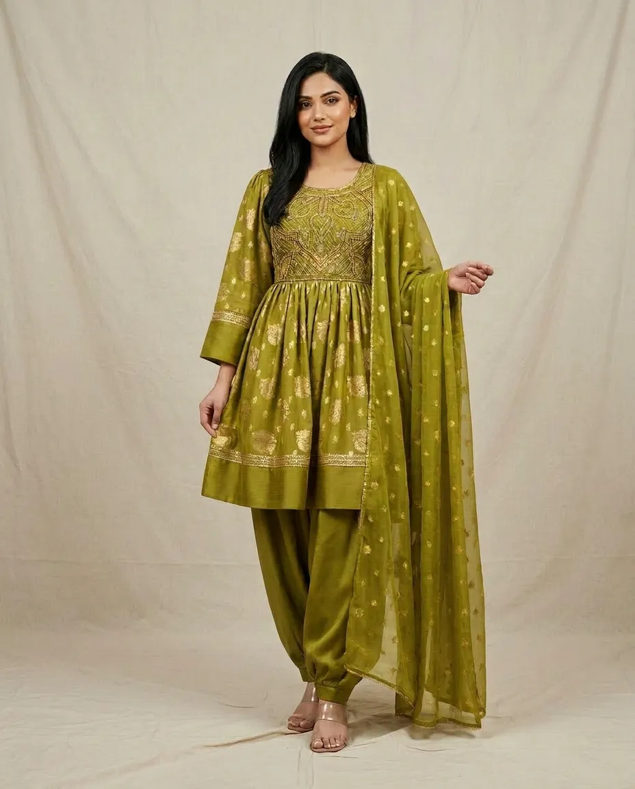 Green Afghan embroidered set with flowing dupatta and detailed bodice