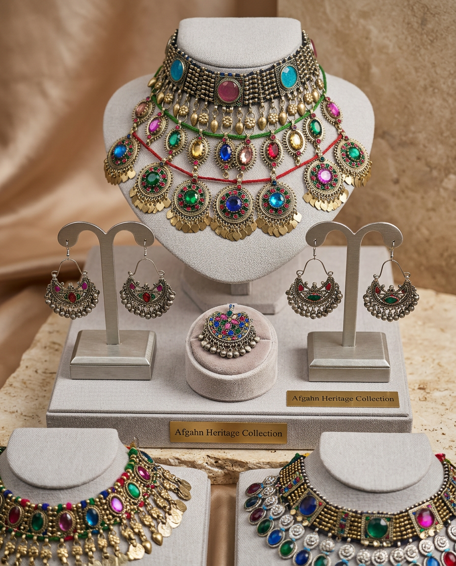Afghan jewelry display with colorful beadwork