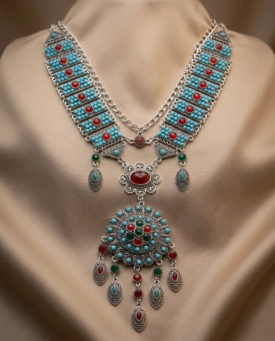 Close view of Afghan turquoise jewelry and beadwork