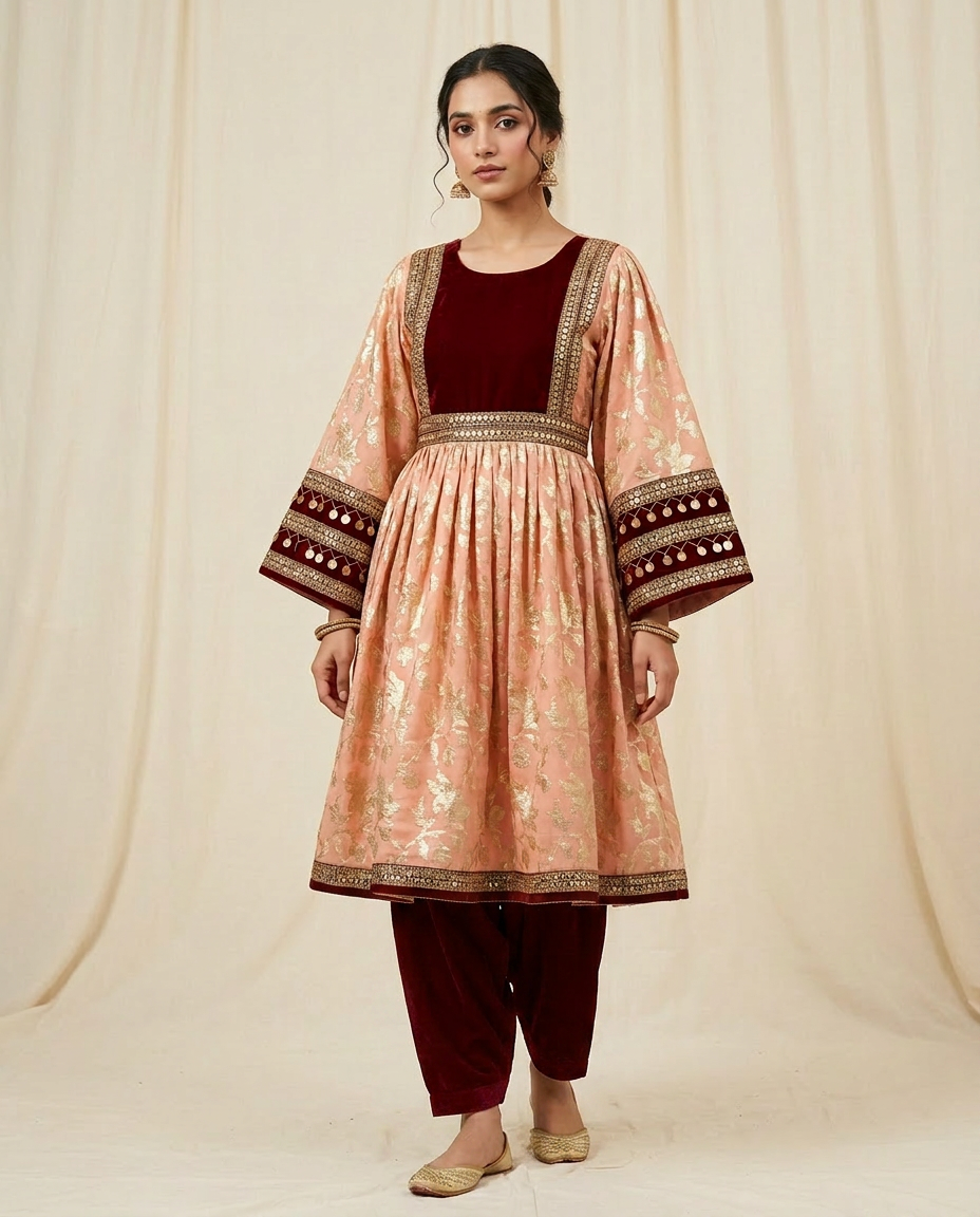 Blush pink Afghan wedding dress with ornate bodice and trousers