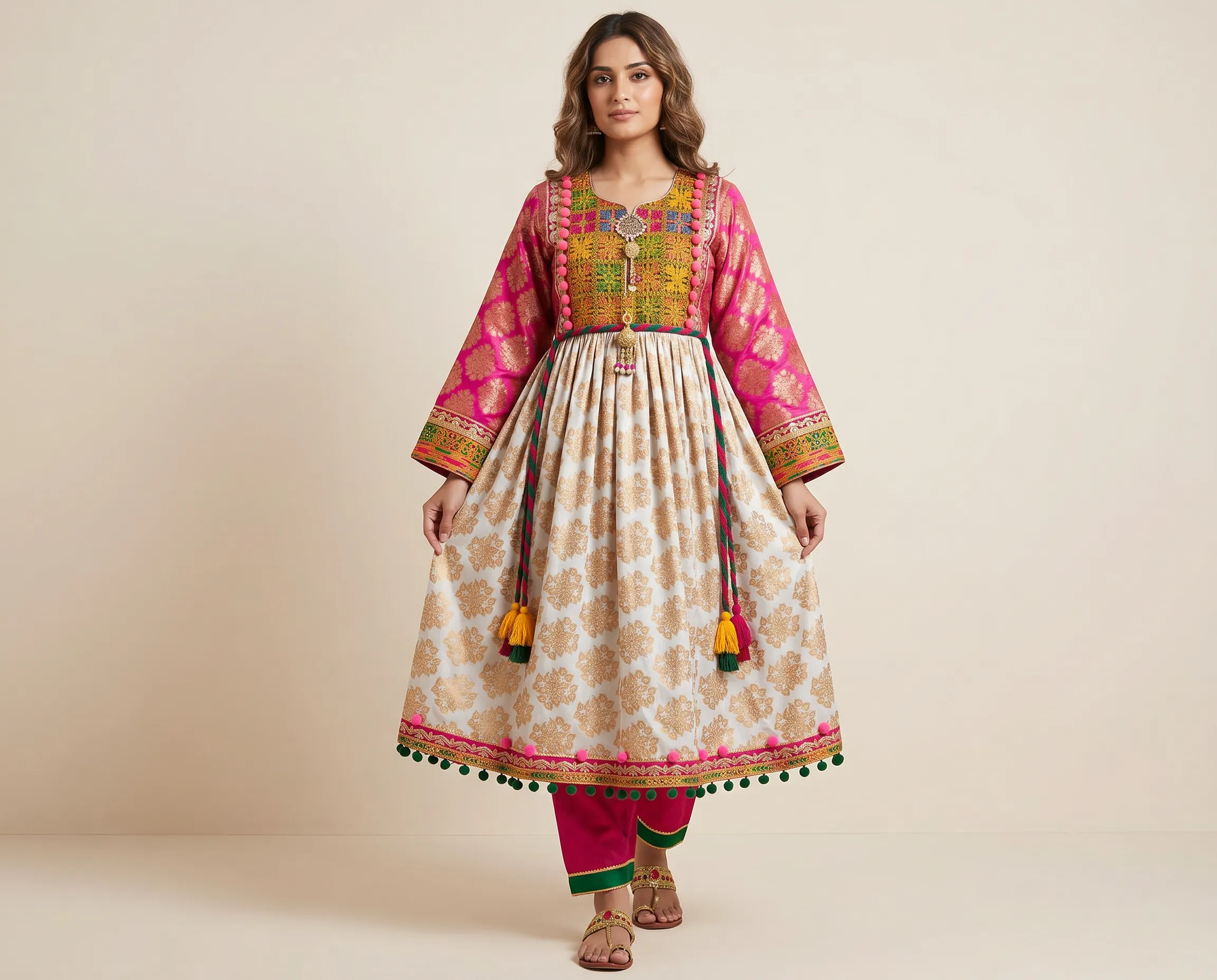 Pink and ivory Afghan Kuchi dress with colorful embroidered borders