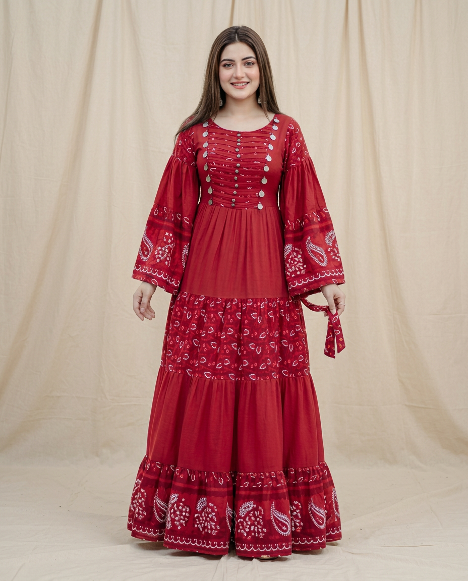 Red Afghan dress with dense beaded bodice