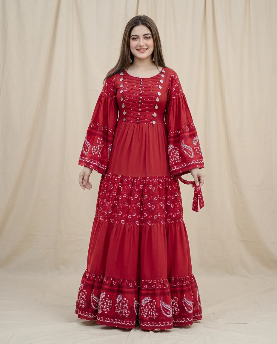Red Afghan dress with ornate beaded bodice and embroidered skirt